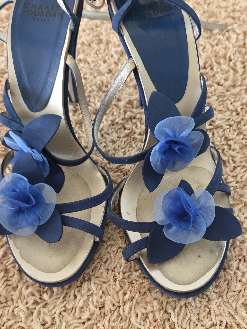 Charles Jourdan Blue Floral Tie-Ankle Heels